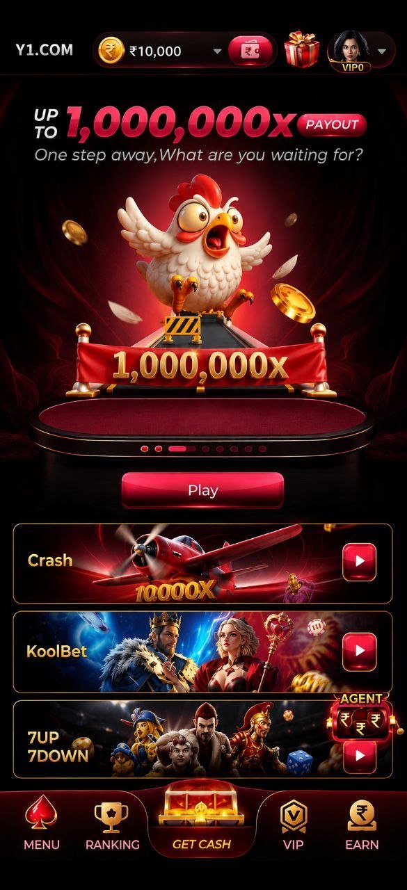 Y1 Game app home screen showing a 1,000,000x payout banner, crash and live casino lobbies