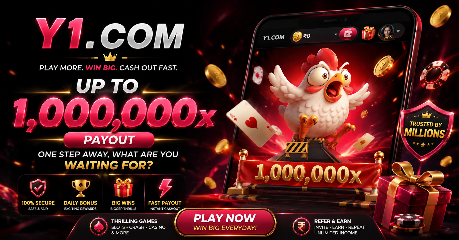 Y1.COM official banner — play more, win big, cash out fast, up to 1,000,000x payout, trusted by millions
