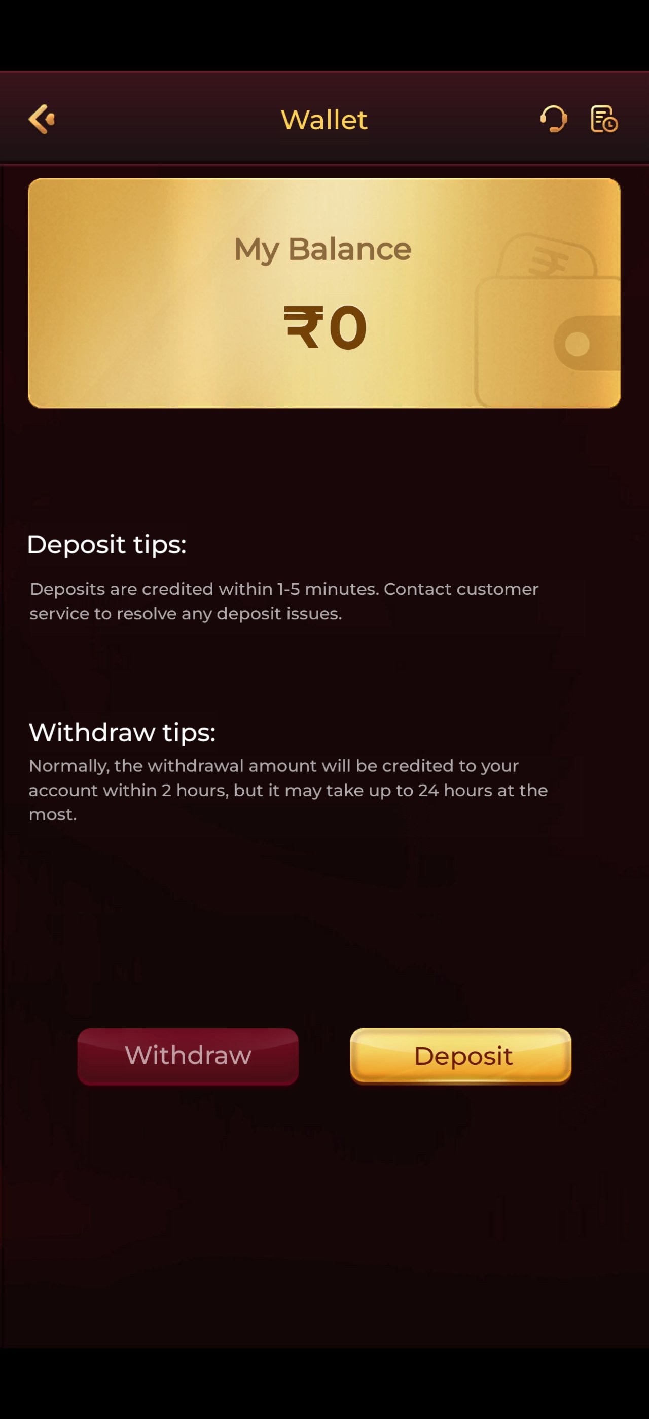 Y1 Game app wallet screen showing balance, deposit and withdraw buttons