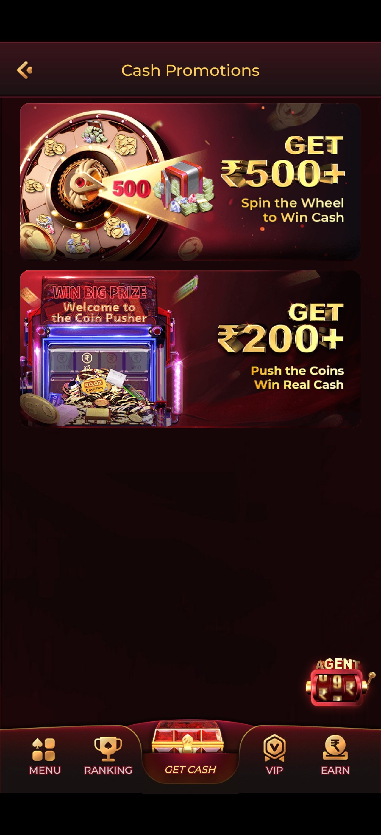 Y1 Game cash promotions page with spin-the-wheel and coin pusher rewards