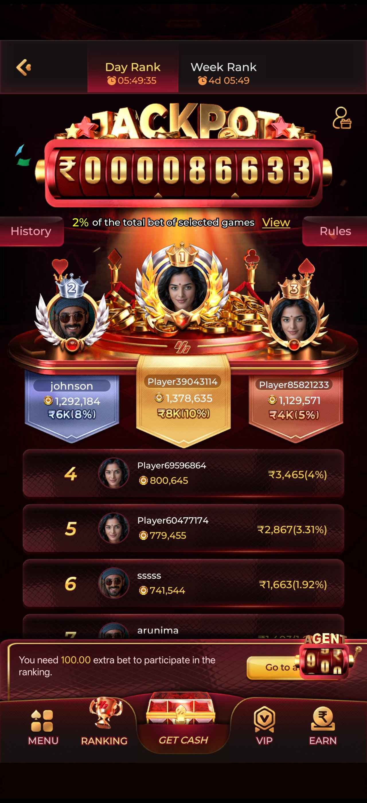 Y1 Game live jackpot counter and daily player ranking leaderboard