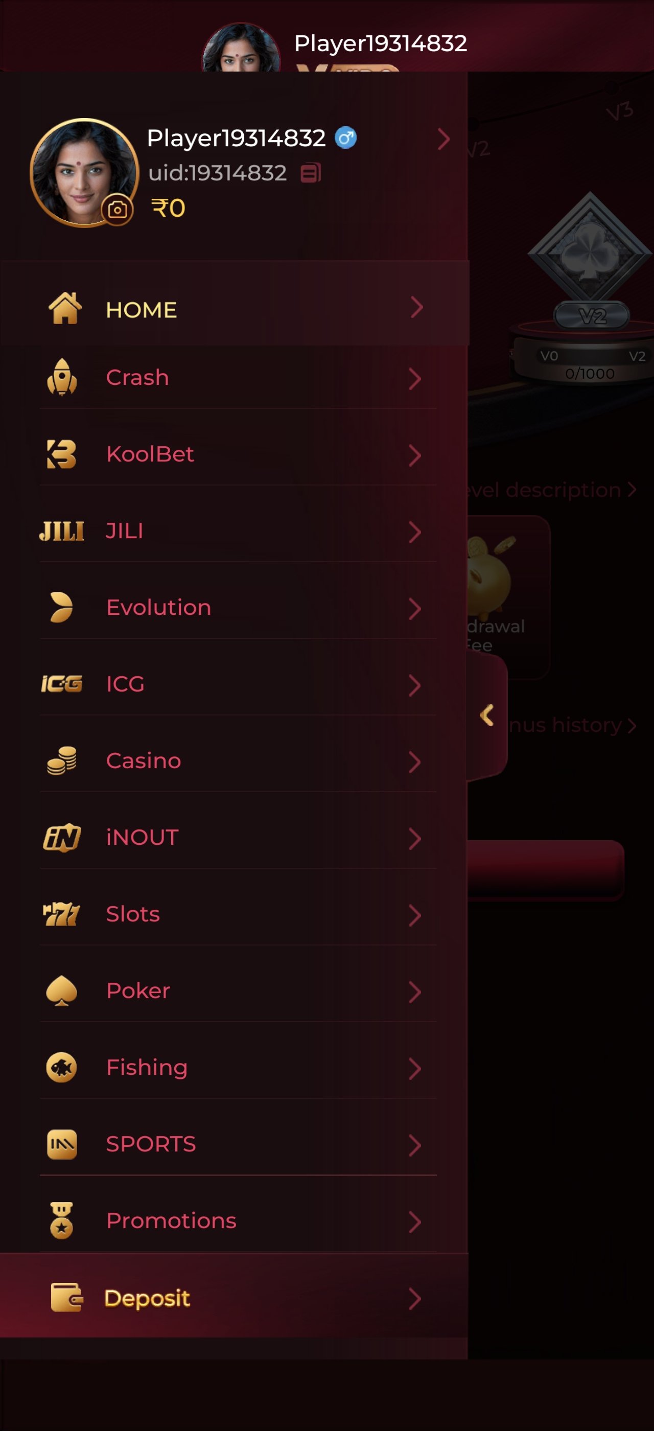 Y1 Game category menu listing crash, slots, poker, fishing and sports