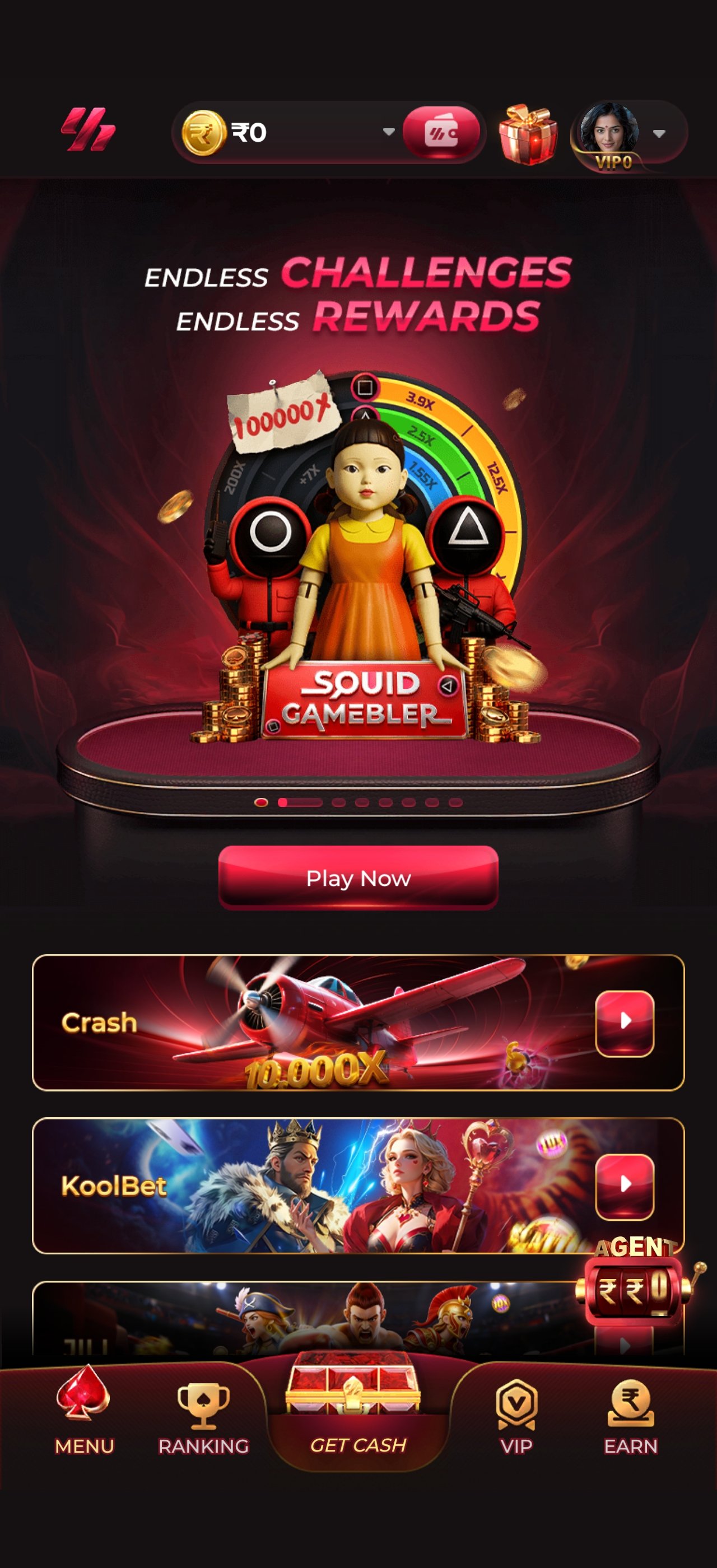 Y1 Game home lobby with challenges, rewards and featured game rows